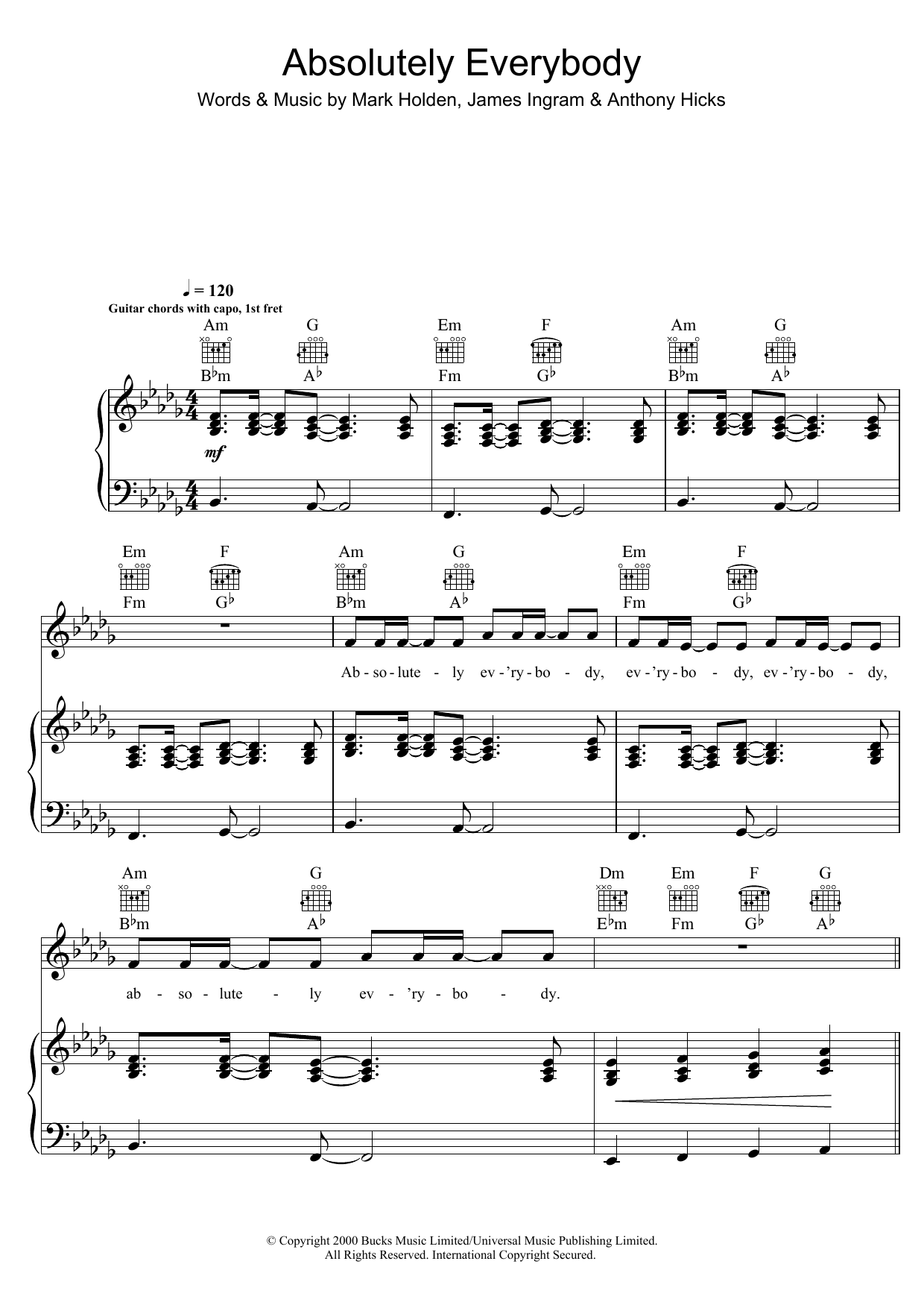 Vanessa Amorosi Absolutely Everybody sheet music notes and chords. Download Printable PDF.