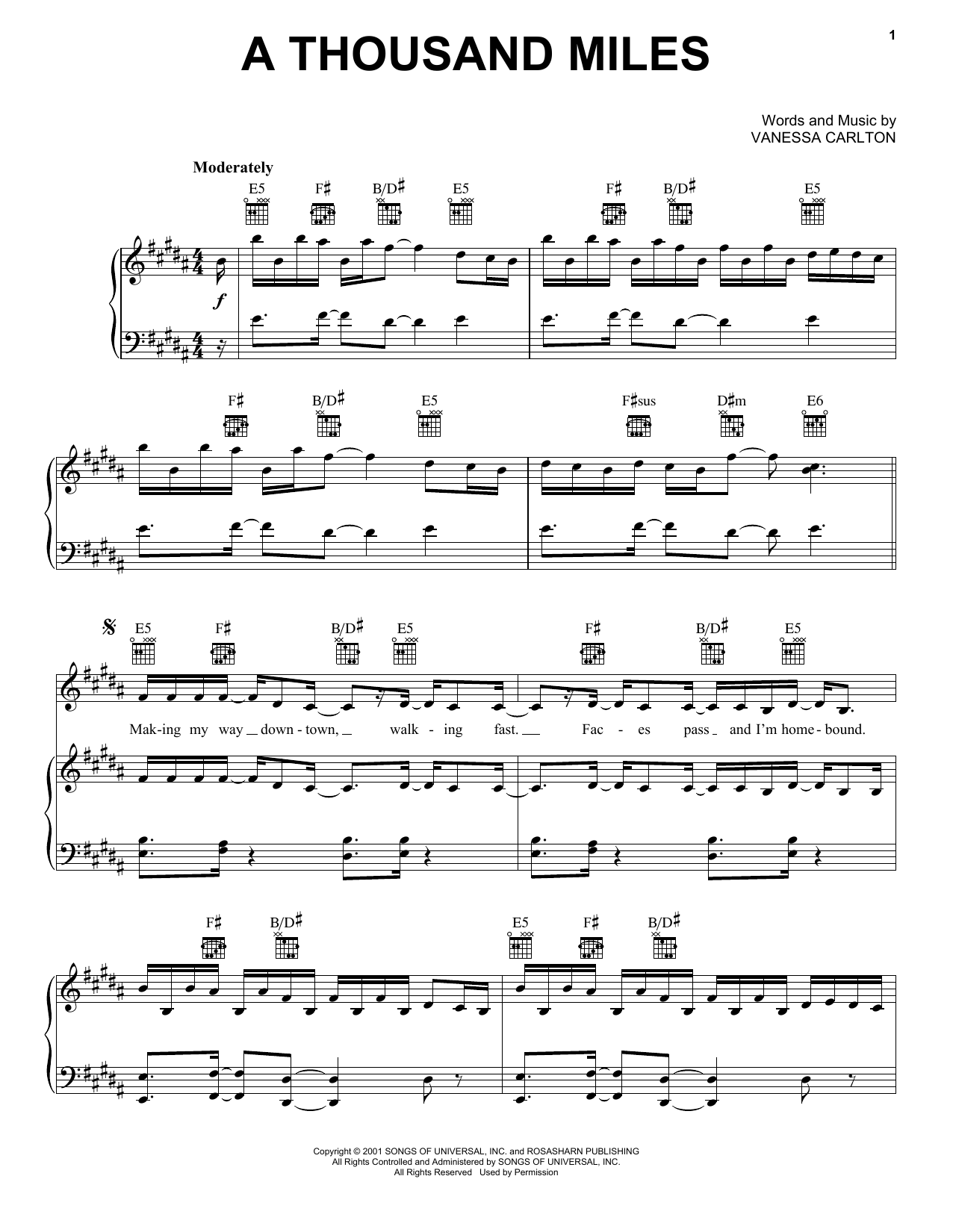 Vanessa Carlton A Thousand Miles sheet music notes and chords arranged for Piano Solo