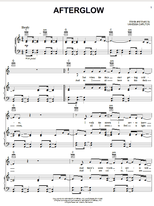 Learn to play Vanessa Carlton Afterglow sheet music for Piano, Vocal & Guitar Chords (Right-Hand Melody) in minutes. Price: 7.8900$ Vanessa Carlton Afterglow sheet music notes and chords arranged for Piano, Vocal & Guitar Chords (Right-Hand Melody)
