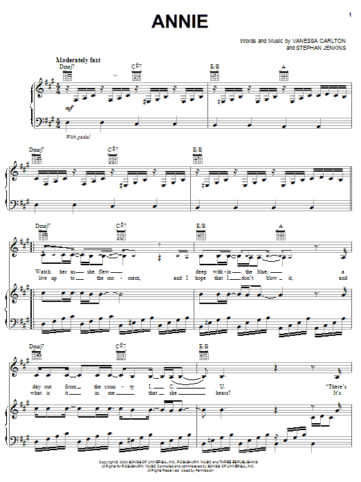 Learn to play Vanessa Carlton Annie sheet music for Piano, Vocal & Guitar Chords (Right-Hand Melody) in minutes. Price: 7.8900$ Vanessa Carlton Annie sheet music notes and chords arranged for Piano, Vocal & Guitar Chords (Right-Hand Melody)
