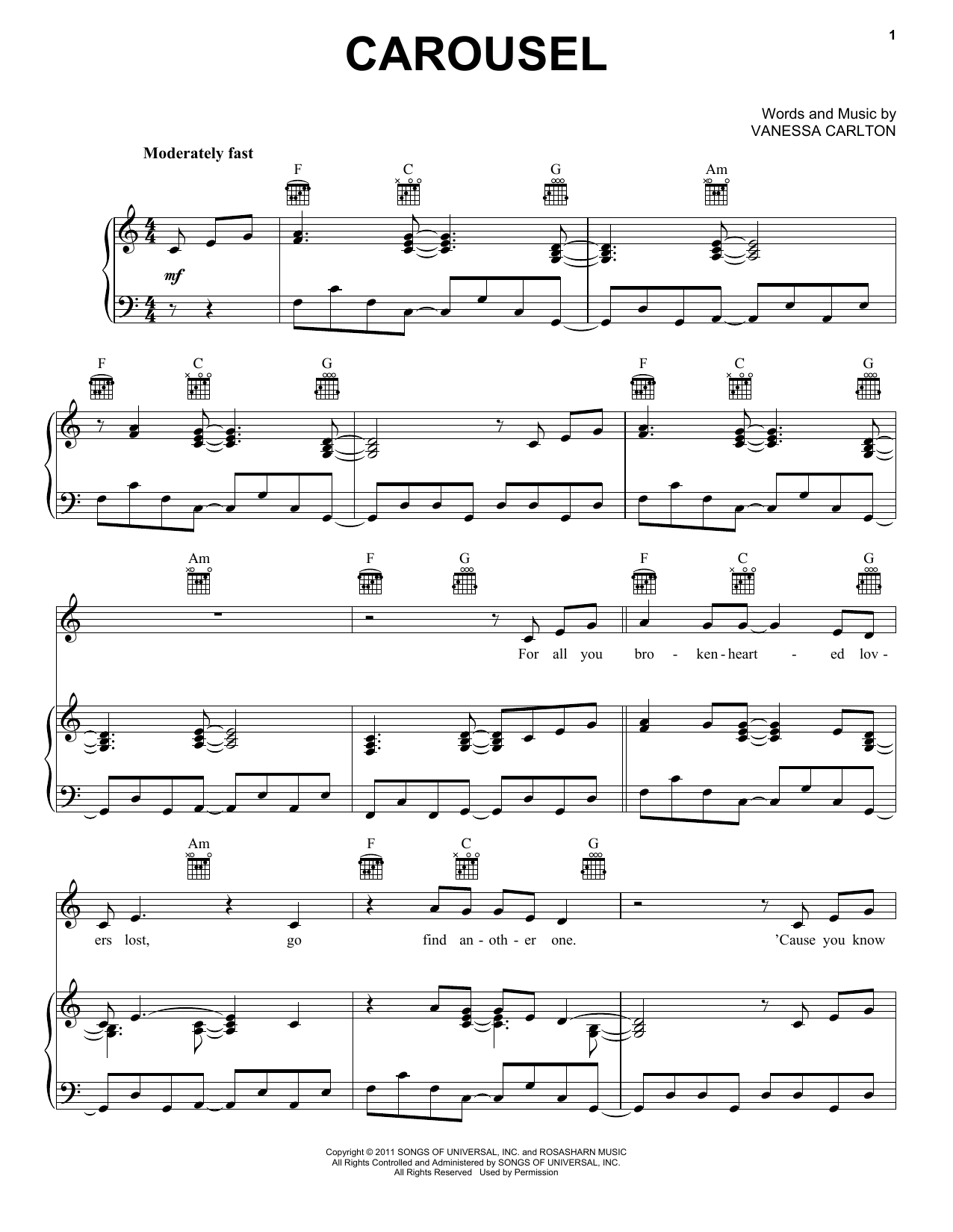 Learn to play Vanessa Carlton Carousel sheet music for Piano, Vocal & Guitar Chords (Right-Hand Melody) in minutes. Price: 7.8900$ Vanessa Carlton Carousel sheet music notes and chords arranged for Piano, Vocal & Guitar Chords (Right-Hand Melody)