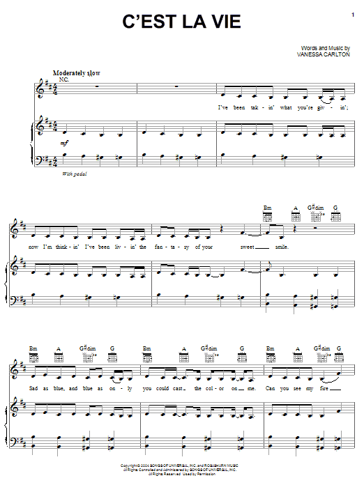 Learn to play Vanessa Carlton C'est La Vie sheet music for Piano, Vocal & Guitar Chords (Right-Hand Melody) in minutes. Price: 7.8900$ Vanessa Carlton C'est La Vie sheet music notes and chords arranged for Piano, Vocal & Guitar Chords (Right-Hand Melody)