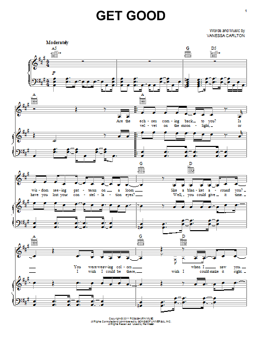 Learn to play Vanessa Carlton Get Good sheet music for Piano, Vocal & Guitar Chords (Right-Hand Melody) in minutes. Price: 7.8900$ Vanessa Carlton Get Good sheet music notes and chords arranged for Piano, Vocal & Guitar Chords (Right-Hand Melody)