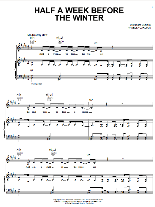 Learn to play Vanessa Carlton Half A Week Before The Winter sheet music for Piano, Vocal & Guitar Chords (Right-Hand Melody) in minutes. Price: 7.8900$ Vanessa Carlton Half A Week Before The Winter sheet music notes and chords arranged for Piano, Vocal & Guitar Chords (Right-Hand Melody)
