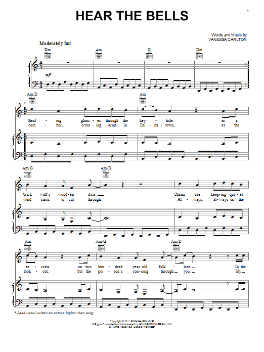 Learn to play Vanessa Carlton Hear The Bells sheet music for Piano, Vocal & Guitar Chords (Right-Hand Melody) in minutes. Price: 7.8900$ Vanessa Carlton Hear The Bells sheet music notes and chords arranged for Piano, Vocal & Guitar Chords (Right-Hand Melody)