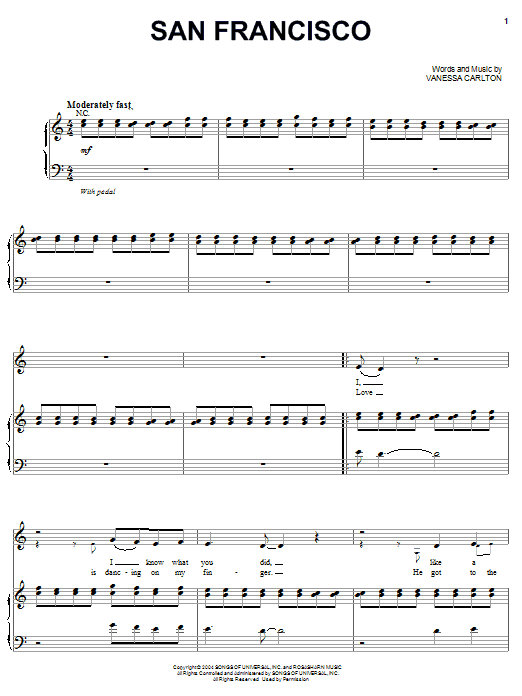 Learn to play Vanessa Carlton San Francisco sheet music for Piano, Vocal & Guitar Chords (Right-Hand Melody) in minutes. Price: 7.8900$ Vanessa Carlton San Francisco sheet music notes and chords arranged for Piano, Vocal & Guitar Chords (Right-Hand Melody)