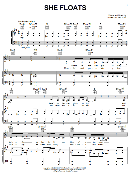 Learn to play Vanessa Carlton She Floats sheet music for Piano, Vocal & Guitar Chords (Right-Hand Melody) in minutes. Price: 7.8900$ Vanessa Carlton She Floats sheet music notes and chords arranged for Piano, Vocal & Guitar Chords (Right-Hand Melody)