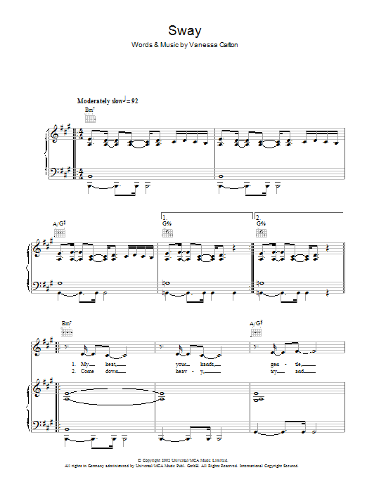Learn to play Vanessa Carlton Sway sheet music for Piano, Vocal & Guitar Chords in minutes. Price: 7.8900$ Vanessa Carlton Sway sheet music notes and chords arranged for Piano, Vocal & Guitar Chords