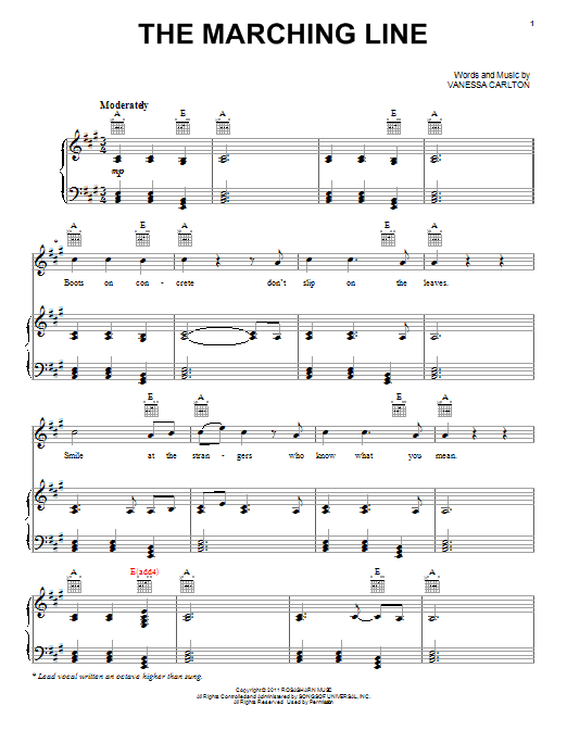 Learn to play Vanessa Carlton The Marching Line sheet music for Piano, Vocal & Guitar Chords (Right-Hand Melody) in minutes. Price: 7.8900$ Vanessa Carlton The Marching Line sheet music notes and chords arranged for Piano, Vocal & Guitar Chords (Right-Hand Melody)