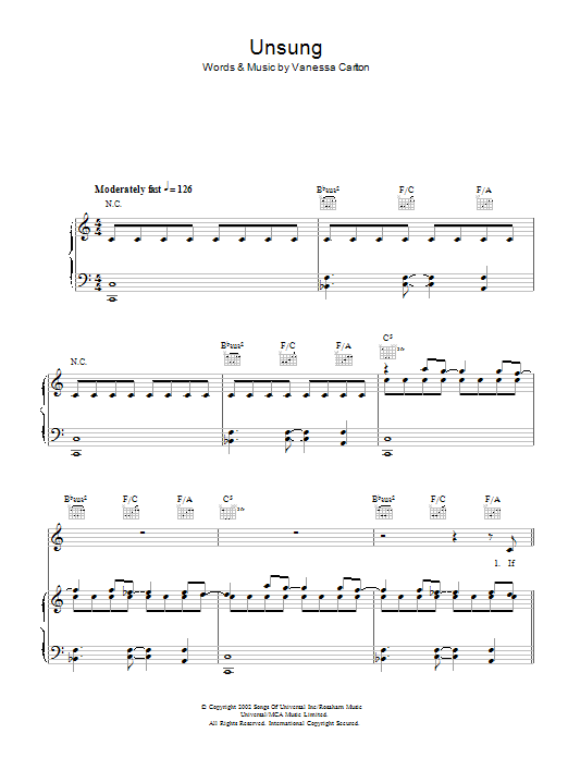 Learn to play Vanessa Carlton Unsung sheet music for Piano, Vocal & Guitar Chords in minutes. Price: 7.8900$ Vanessa Carlton Unsung sheet music notes and chords arranged for Piano, Vocal & Guitar Chords