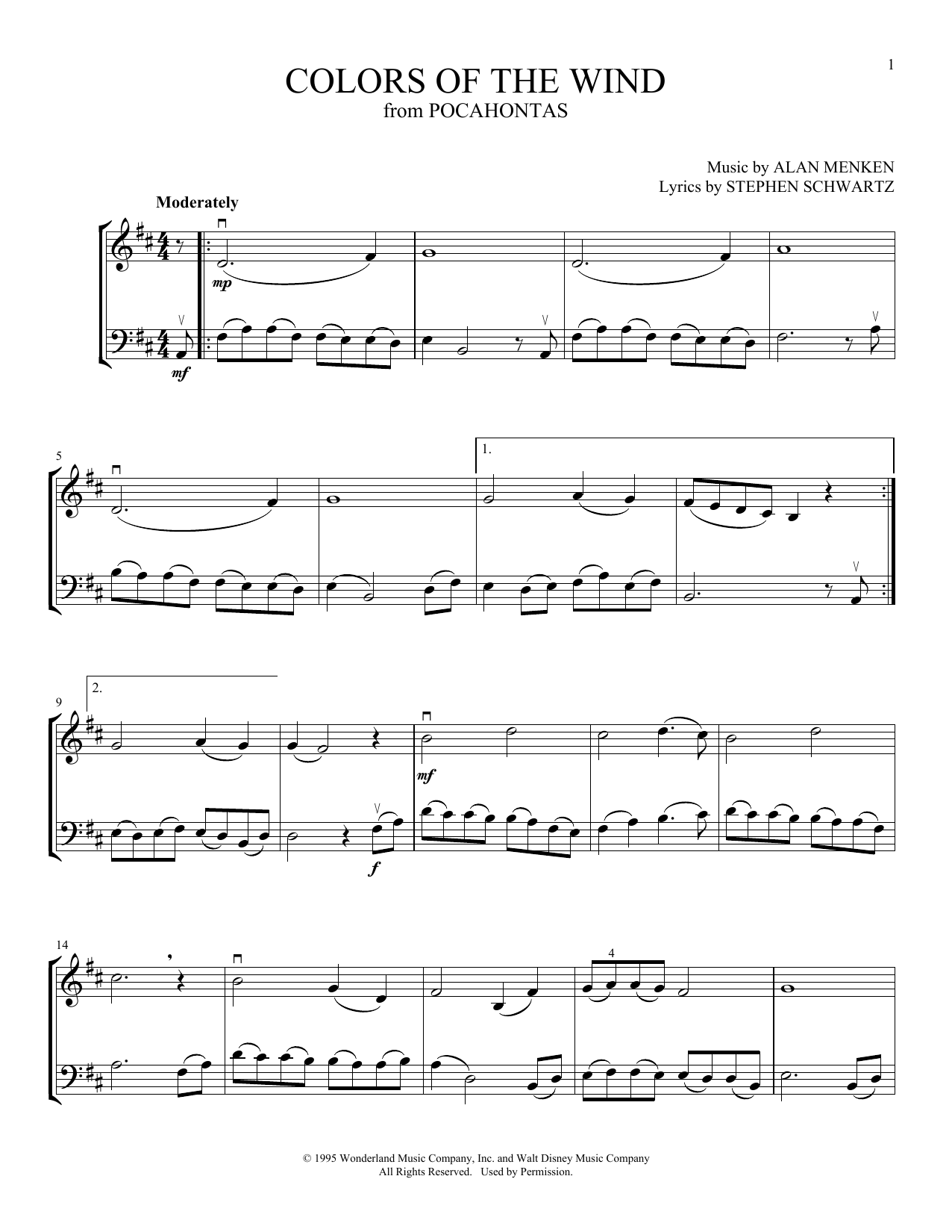 Vanessa Williams Colors Of The Wind (from Pocahontas) (arr. Michelle Hynson) sheet music notes and chords arranged for Instrumental Duet