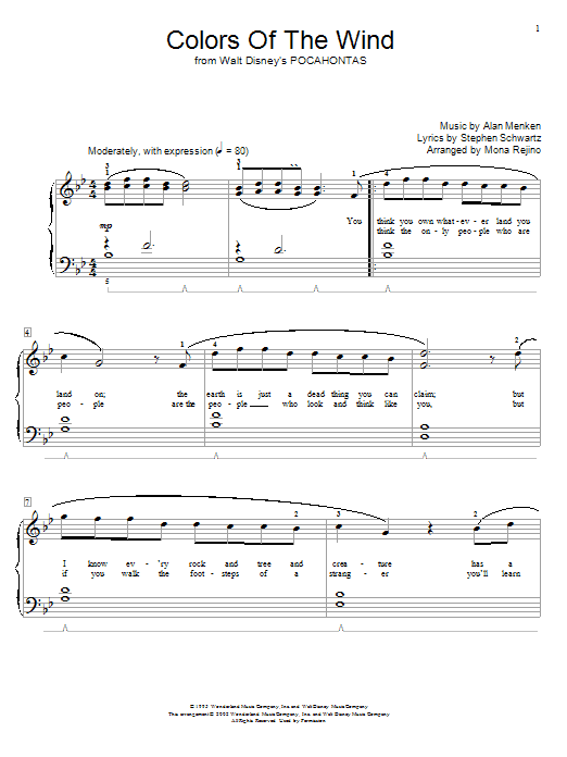 Alan Menken Colors Of The Wind sheet music notes and chords arranged for Educational Piano