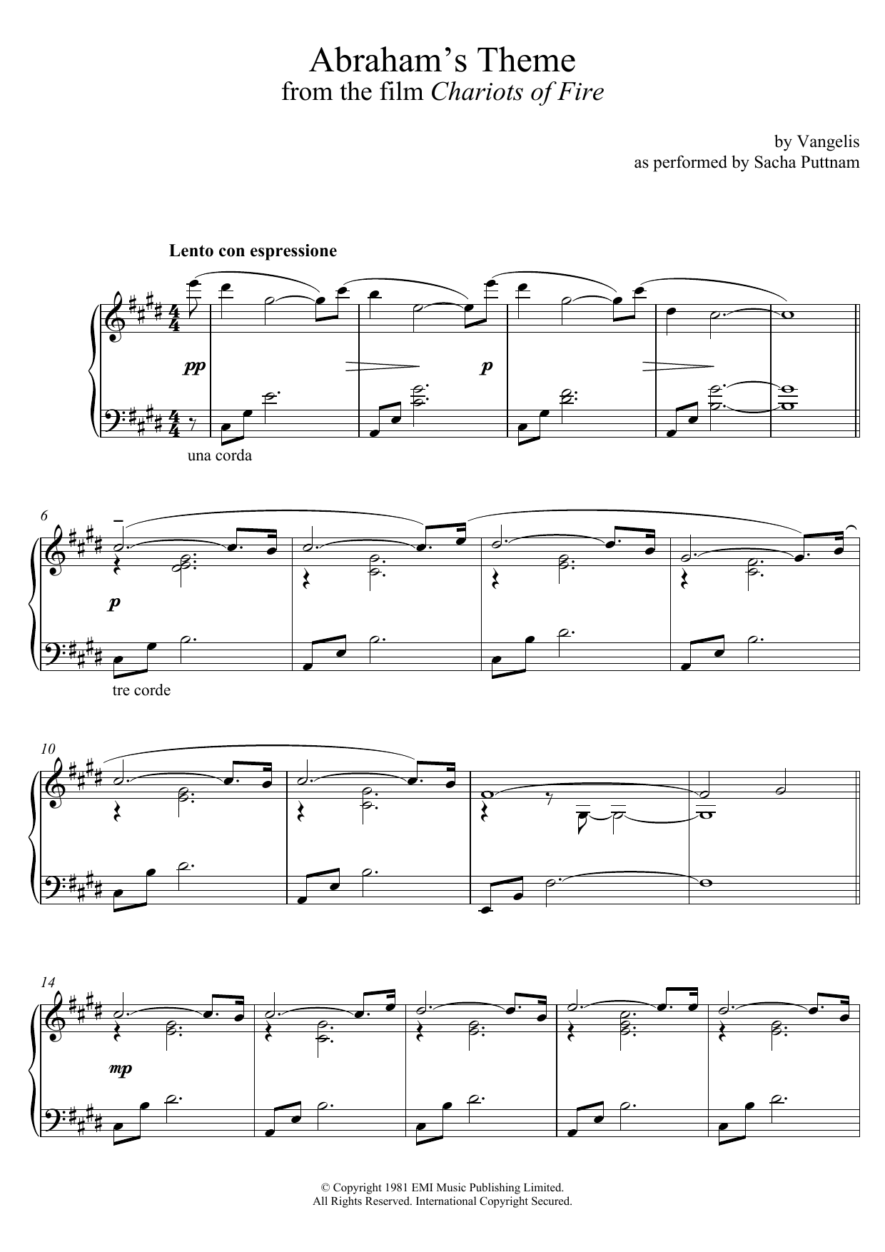 Learn to play Vangelis Abraham's Theme (from Chariots Of Fire) (as performed by Sacha Puttnam) sheet music for Piano Solo in minutes. Price: 7.8900$ Vangelis Abraham's Theme (from Chariots Of Fire) (as performed by Sacha Puttnam) sheet music notes and chords arranged for Piano Solo