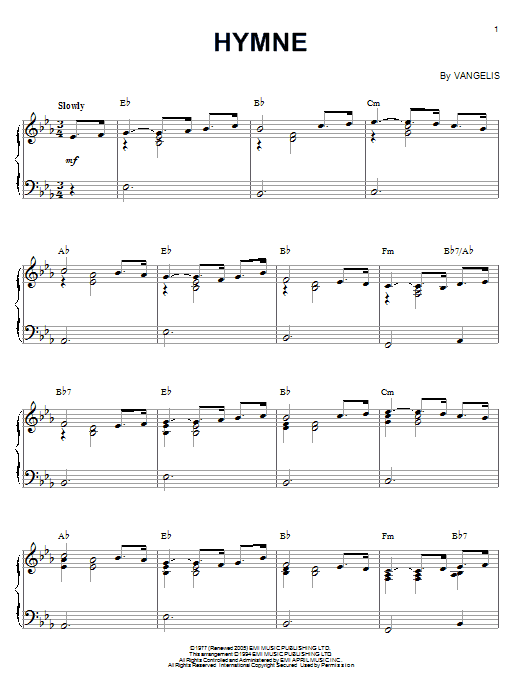 Vangelis Hymne sheet music notes and chords. Download Printable PDF.