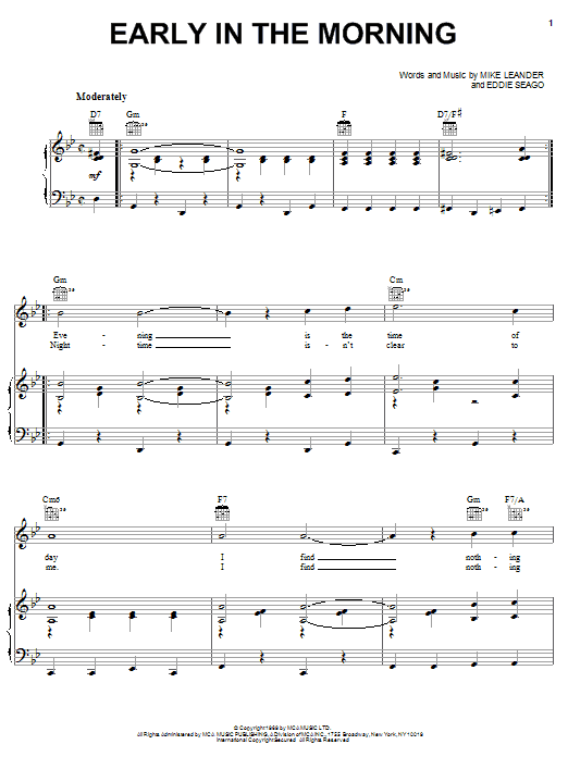 Learn to play Vanity Fare Early In The Morning sheet music for Piano, Vocal & Guitar Chords (Right-Hand Melody) in minutes. Price: 7.8900$ Vanity Fare Early In The Morning sheet music notes and chords arranged for Piano, Vocal & Guitar Chords (Right-Hand Melody)