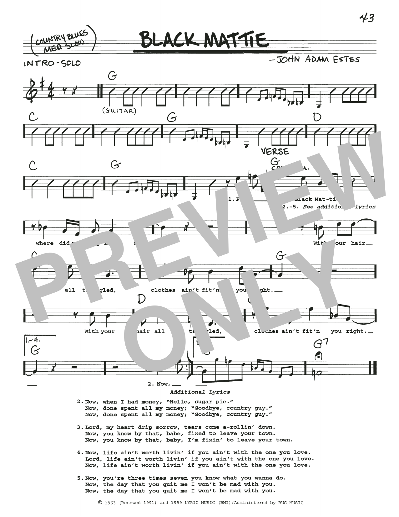 Various Black Mattie sheet music notes and chords arranged for Real Book – Melody, Lyrics & Chords