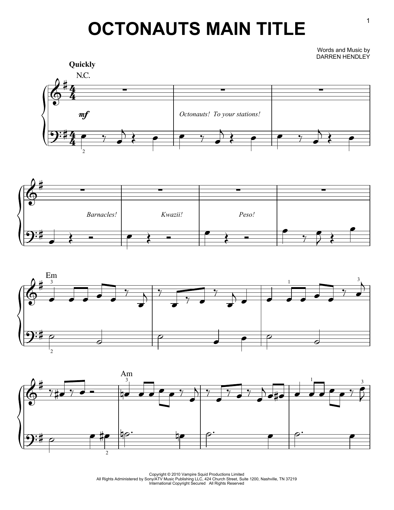 Learn to play Various Octonauts Main Title sheet music for Easy Piano in minutes. Price: 6.9900$ Various Octonauts Main Title sheet music notes and chords arranged for Easy Piano