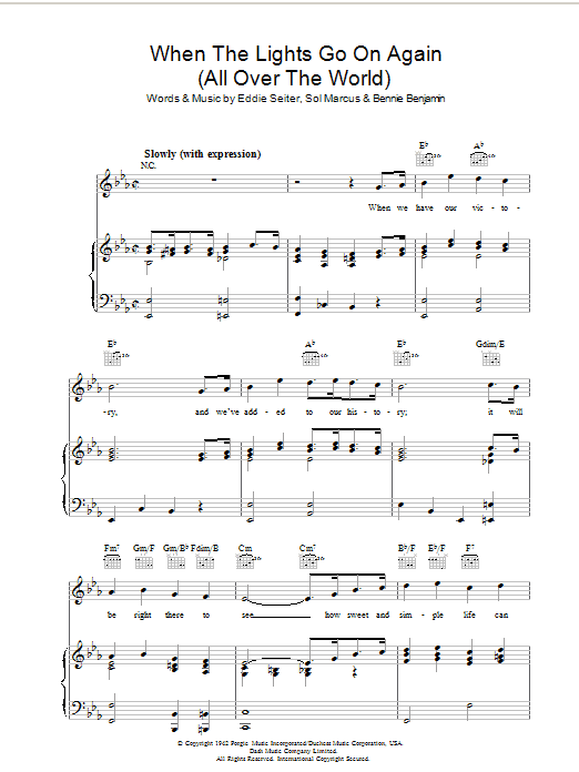 Bennie Benjamin When The Lights Go On Again (All Over The World) sheet music notes and chords. Download Printable PDF.