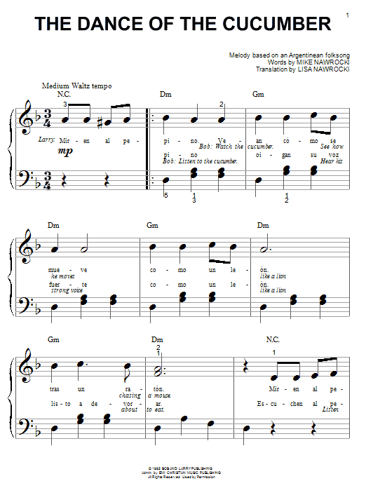 Learn to play VeggieTales The Dance Of The Cucumber sheet music for Big Note Piano in minutes. Price: 6.9900$ VeggieTales The Dance Of The Cucumber sheet music notes and chords arranged for Big Note Piano