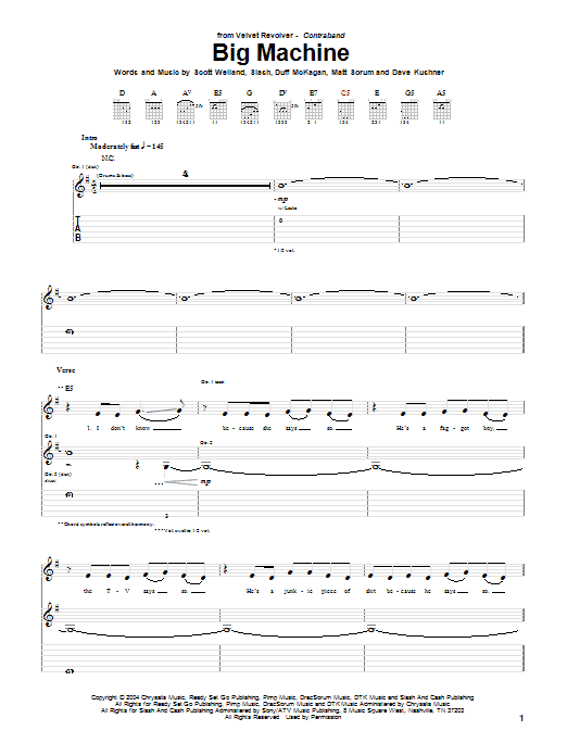 Learn to play Velvet Revolver Big Machine sheet music for Guitar Tab in minutes. Price: 7.8900$ Velvet Revolver Big Machine sheet music notes and chords arranged for Guitar Tab
