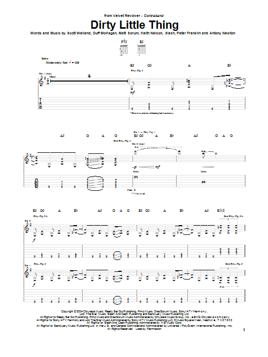 Learn to play Velvet Revolver Dirty Little Thing sheet music for Guitar Tab in minutes. Price: 7.8900$ Velvet Revolver Dirty Little Thing sheet music notes and chords arranged for Guitar Tab