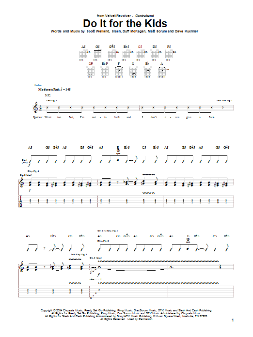 Learn to play Velvet Revolver Do It For The Kids sheet music for Guitar Tab in minutes. Price: 7.8900$ Velvet Revolver Do It For The Kids sheet music notes and chords arranged for Guitar Tab