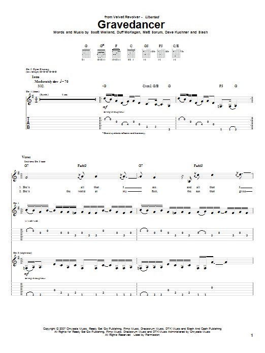 Learn to play Velvet Revolver Gravedancer sheet music for Guitar Tab in minutes. Price: 7.8900$ Velvet Revolver Gravedancer sheet music notes and chords arranged for Guitar Tab