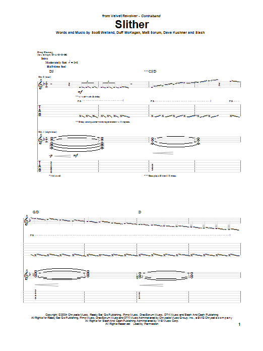 Velvet Revolver Slither sheet music notes and chords. Download Printable PDF.