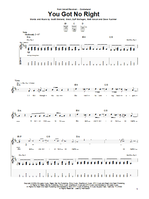 Learn to play Velvet Revolver You Got No Right sheet music for Guitar Tab in minutes. Price: 7.8900$ Velvet Revolver You Got No Right sheet music notes and chords arranged for Guitar Tab