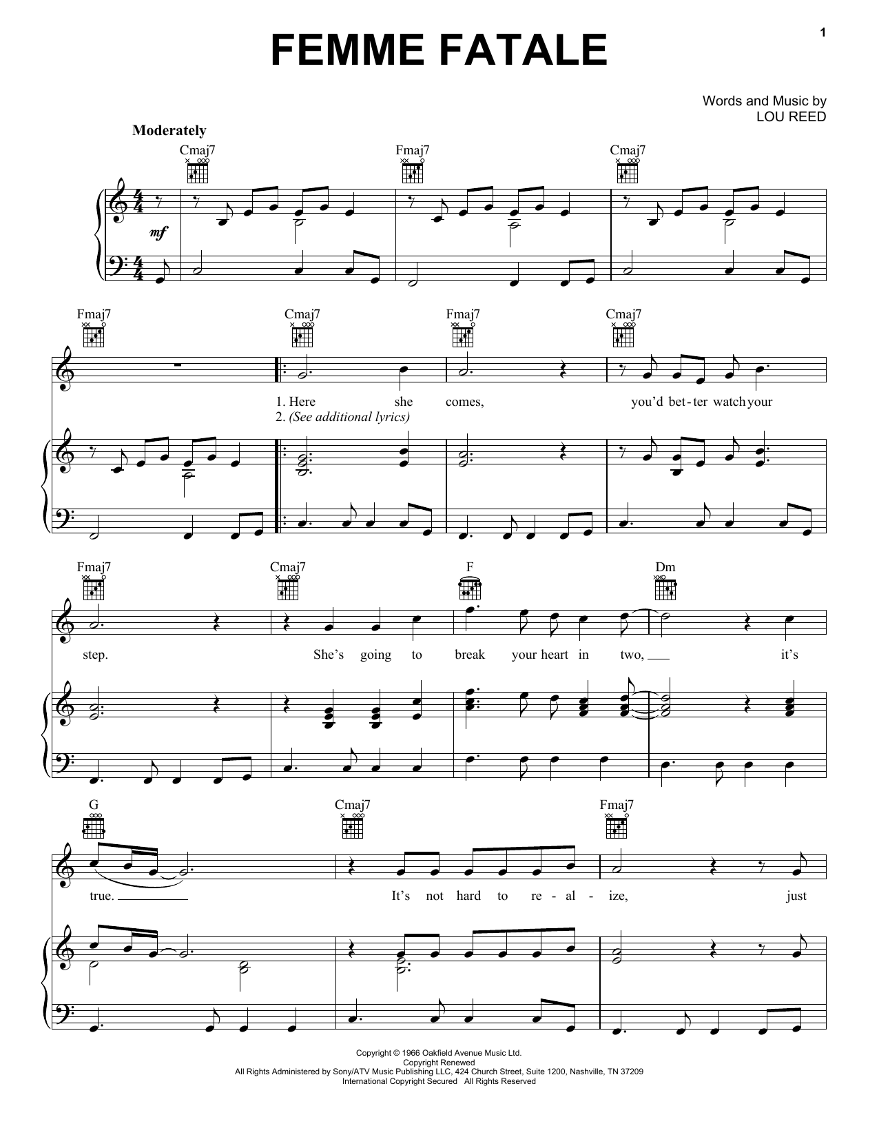 Velvet Underground Femme Fatale sheet music notes and chords arranged for Piano, Vocal & Guitar Chords (Right-Hand Melody)