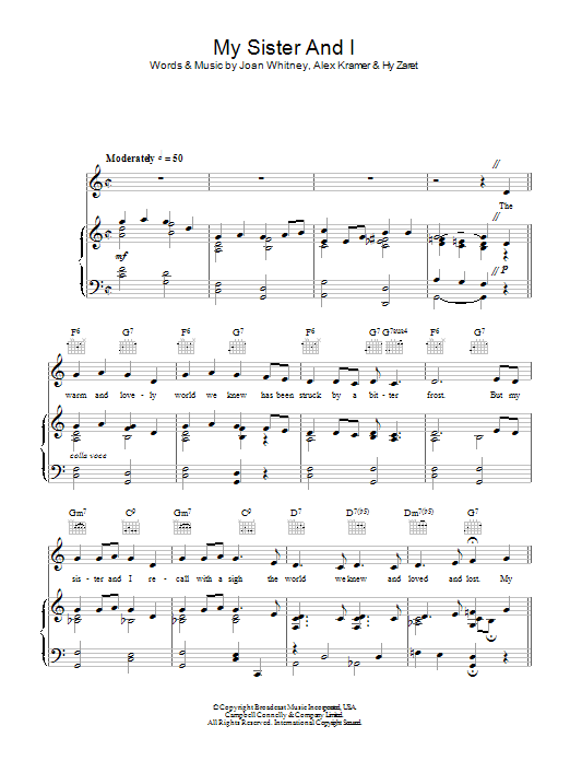 Learn to play Vera Lynn My Sister And I sheet music for Piano, Vocal & Guitar Chords in minutes. Price: 7.8900$ Vera Lynn My Sister And I sheet music notes and chords arranged for Piano, Vocal & Guitar Chords