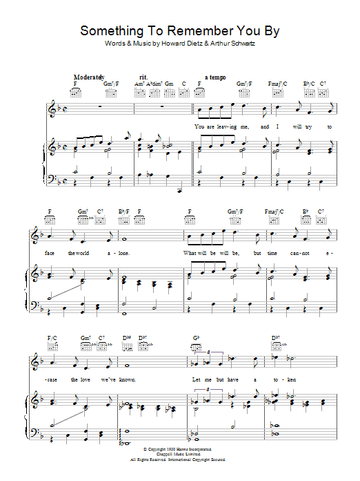 Learn to play Vera Lynn Something To Remember You By sheet music for Piano, Vocal & Guitar Chords in minutes. Price: 7.8900$ Vera Lynn Something To Remember You By sheet music notes and chords arranged for Piano, Vocal & Guitar Chords