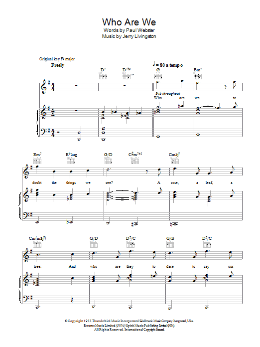 Learn to play Vera Lynn Who Are We sheet music for Piano, Vocal & Guitar Chords in minutes. Price: 7.8900$ Vera Lynn Who Are We sheet music notes and chords arranged for Piano, Vocal & Guitar Chords