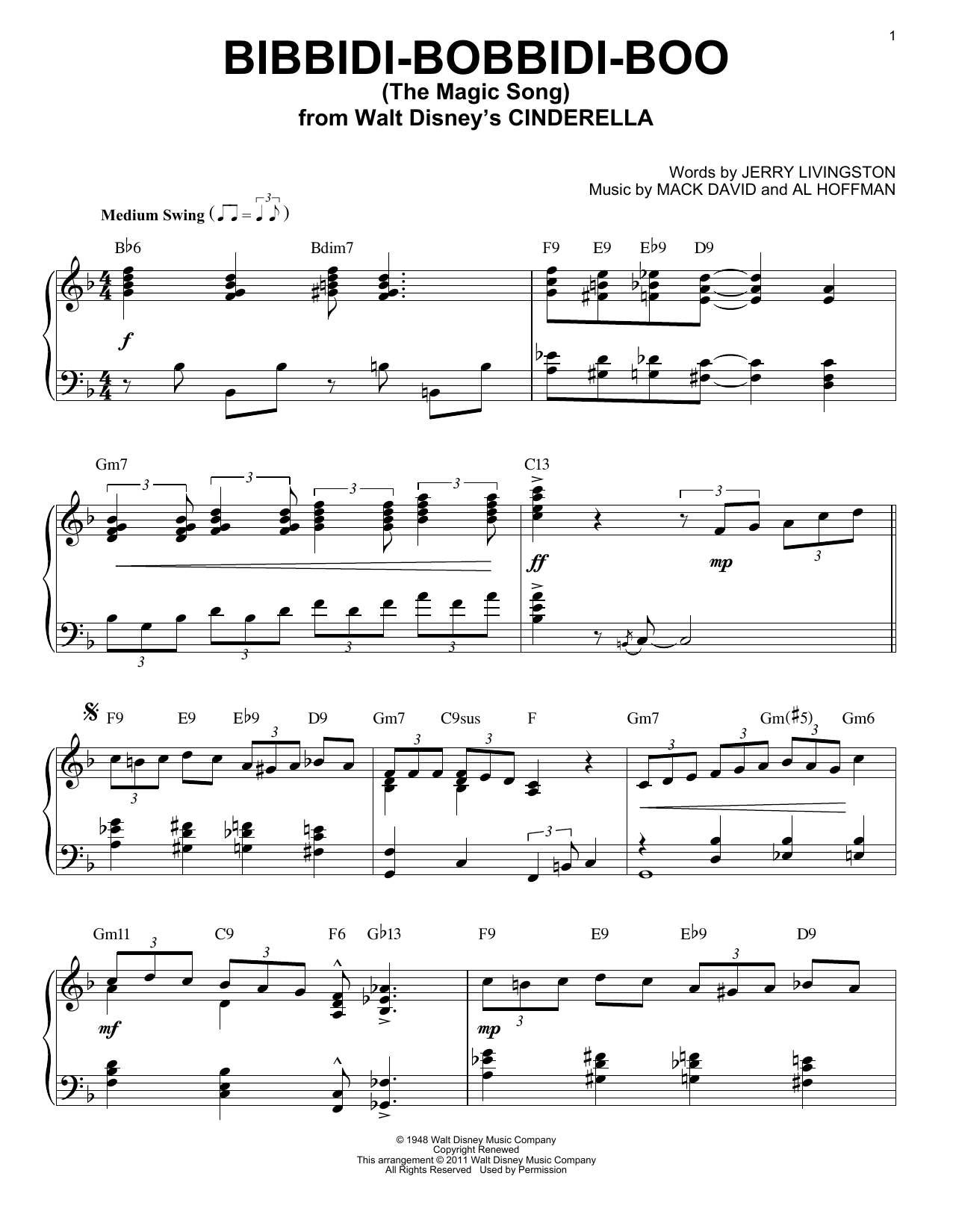 Verna Felton Bibbidi-Bobbidi-Boo (The Magic Song) [Jazz version] (arr. Brent Edstrom) sheet music notes and chords arranged for Piano Solo