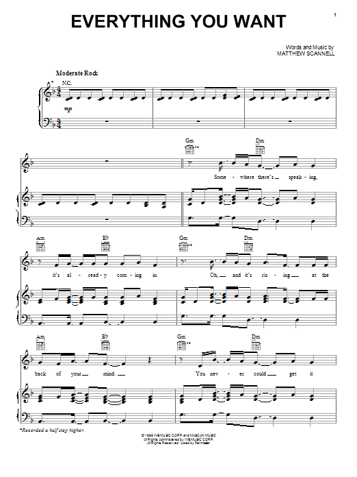 Vertical Horizon Everything You Want sheet music notes and chords arranged for Piano, Vocal & Guitar Chords (Right-Hand Melody)