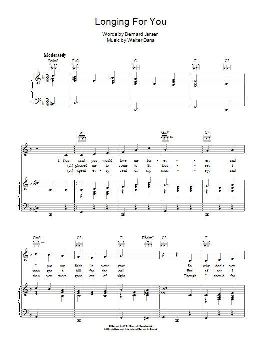 Learn to play Vic Damone Longing For You sheet music for Piano, Vocal & Guitar Chords in minutes. Price: 7.8900$ Vic Damone Longing For You sheet music notes and chords arranged for Piano, Vocal & Guitar Chords