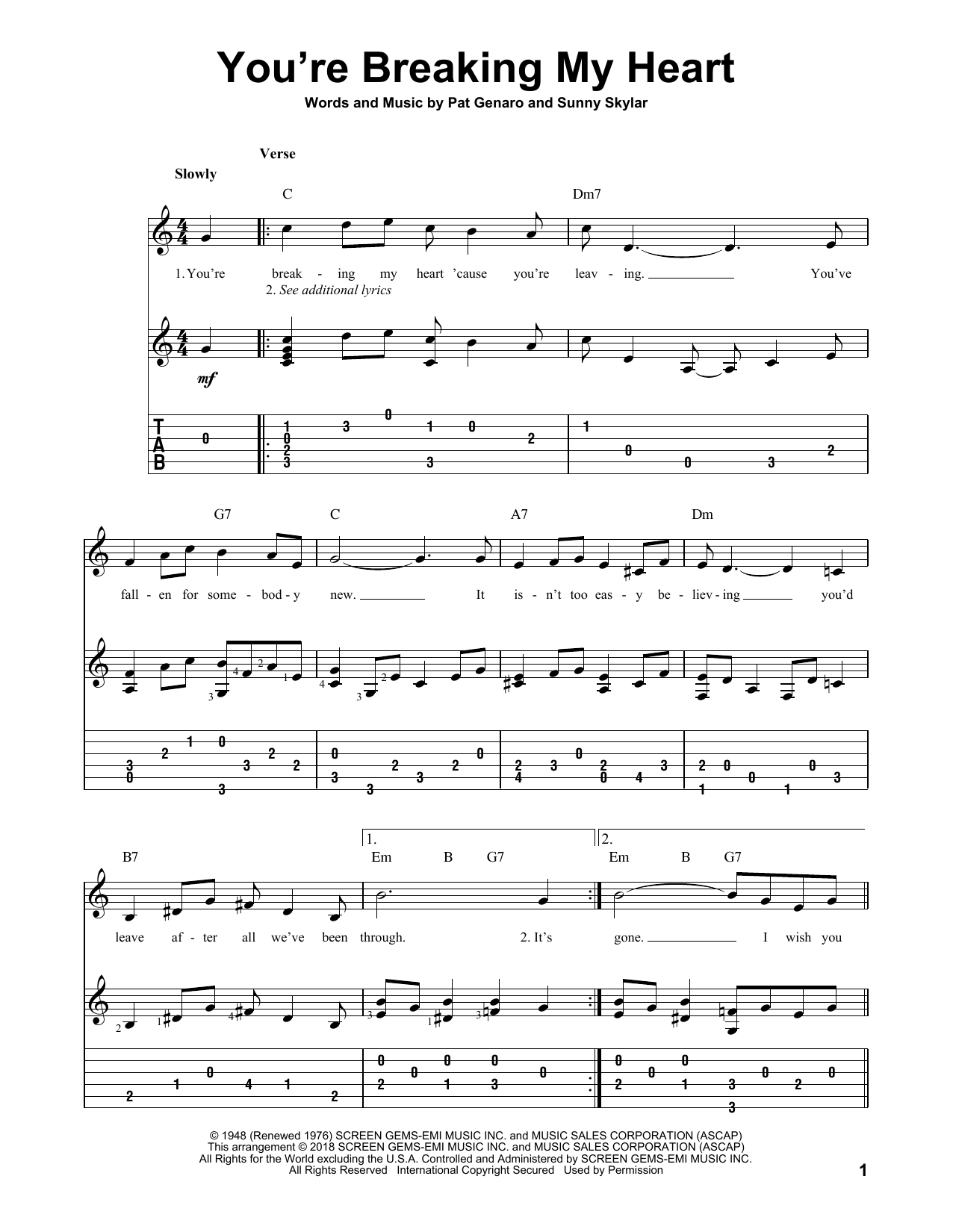 Vic Damone You're Breaking My Heart sheet music notes and chords arranged for Piano, Vocal & Guitar Chords (Right-Hand Melody)