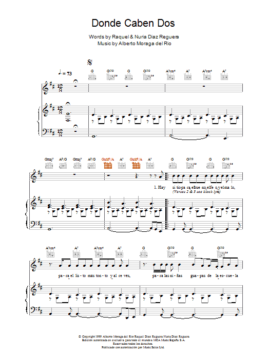 Victor Manuel San José Donde Caben Dos sheet music notes and chords arranged for Piano, Vocal & Guitar Chords