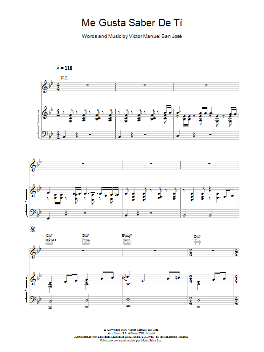 Victor Manuel San José Me Gusta Saber De Tí sheet music notes and chords arranged for Piano, Vocal & Guitar Chords