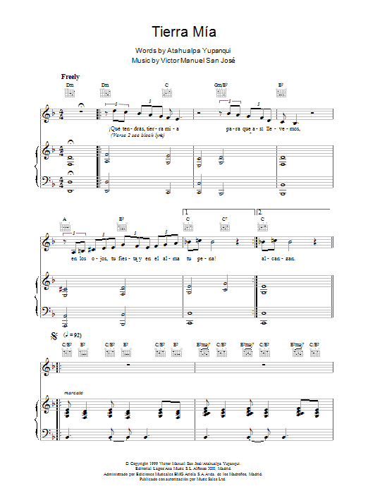 Victor Manuel San José Tierra Mía sheet music notes and chords arranged for Piano, Vocal & Guitar Chords