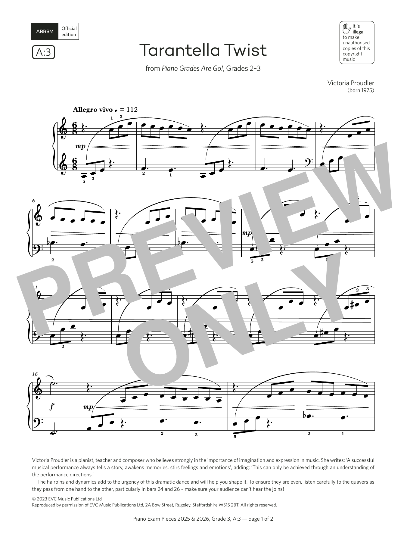 Victoria Proudler Tarantella Twist (Grade 3, list A3, from the ABRSM Piano Syllabus 2025 & 2026) sheet music notes and chords. Download Printable PDF.