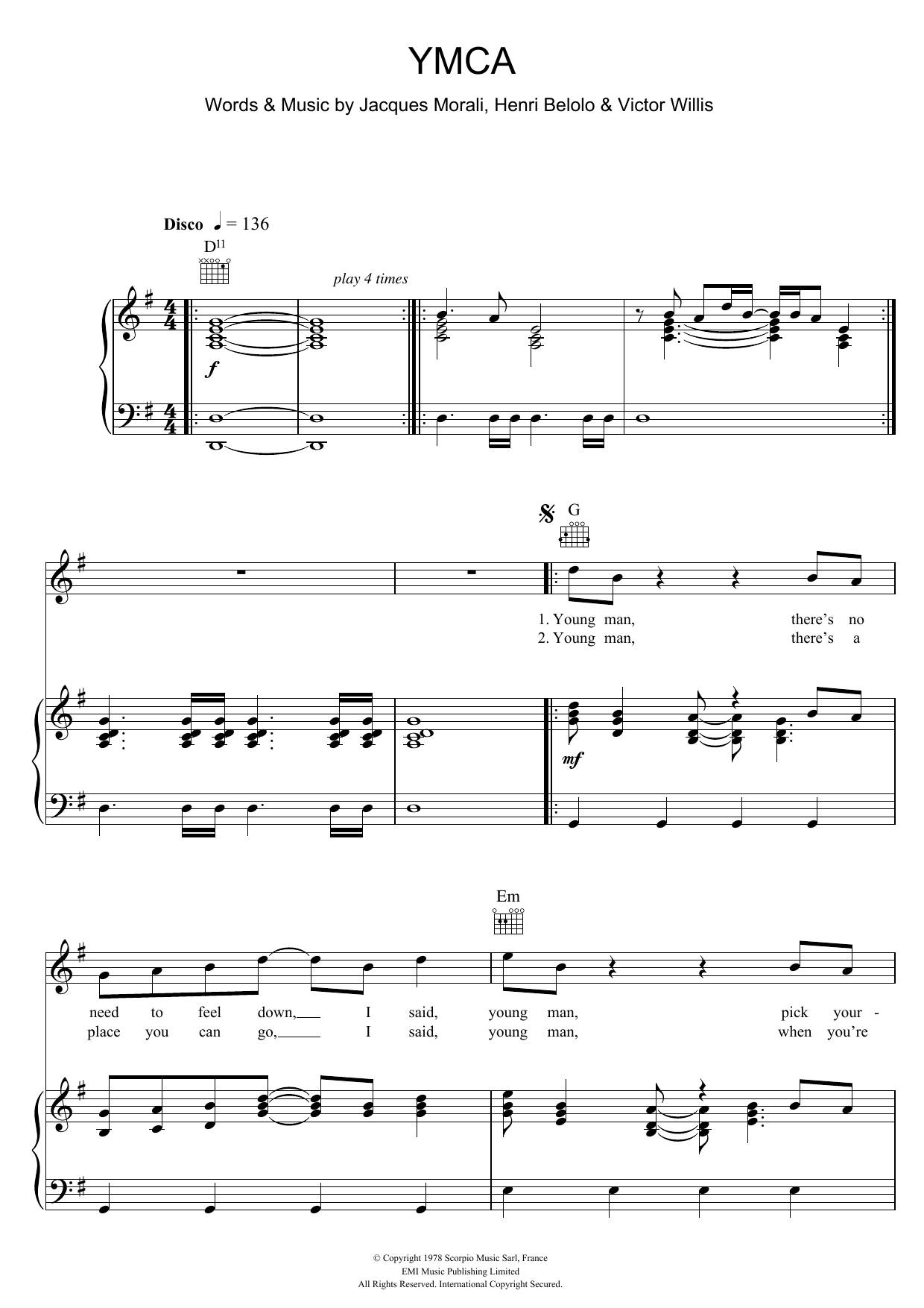 Village People Y.M.C.A. sheet music notes and chords arranged for Flute Solo