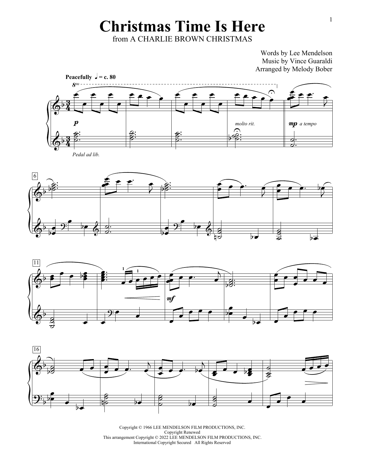 Vince Guaraldi Christmas Time Is Here (from A Charlie Brown Christmas) (arr. Melody Bober) sheet music notes and chords. Download Printable PDF.