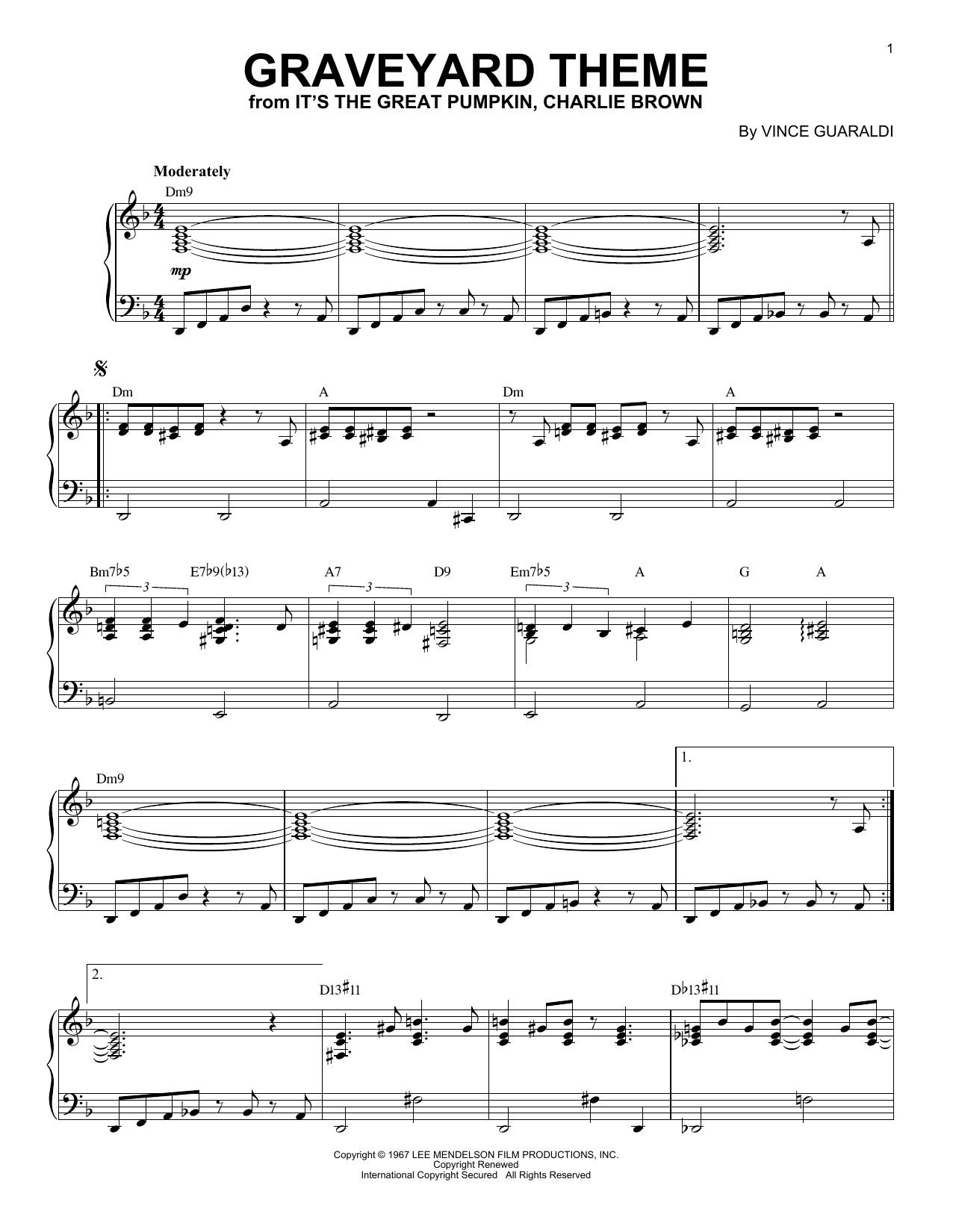 Vince Guaraldi Graveyard Theme (from It's The Great Pumpkin, Charlie Brown) sheet music notes and chords. Download Printable PDF.