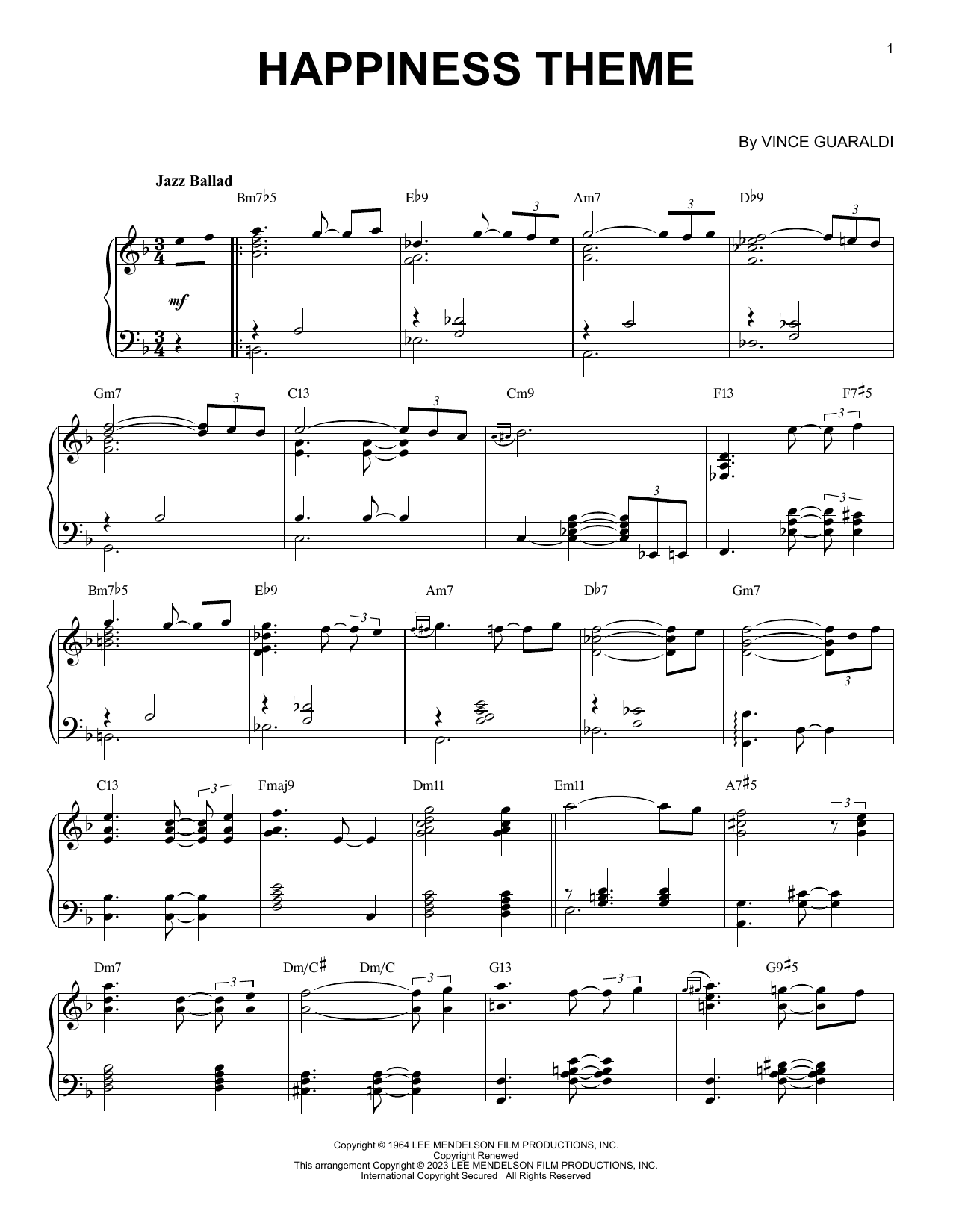 Vince Guaraldi Happiness Theme [Jazz version] (arr. Brent Edstrom) sheet music notes and chords. Download Printable PDF.