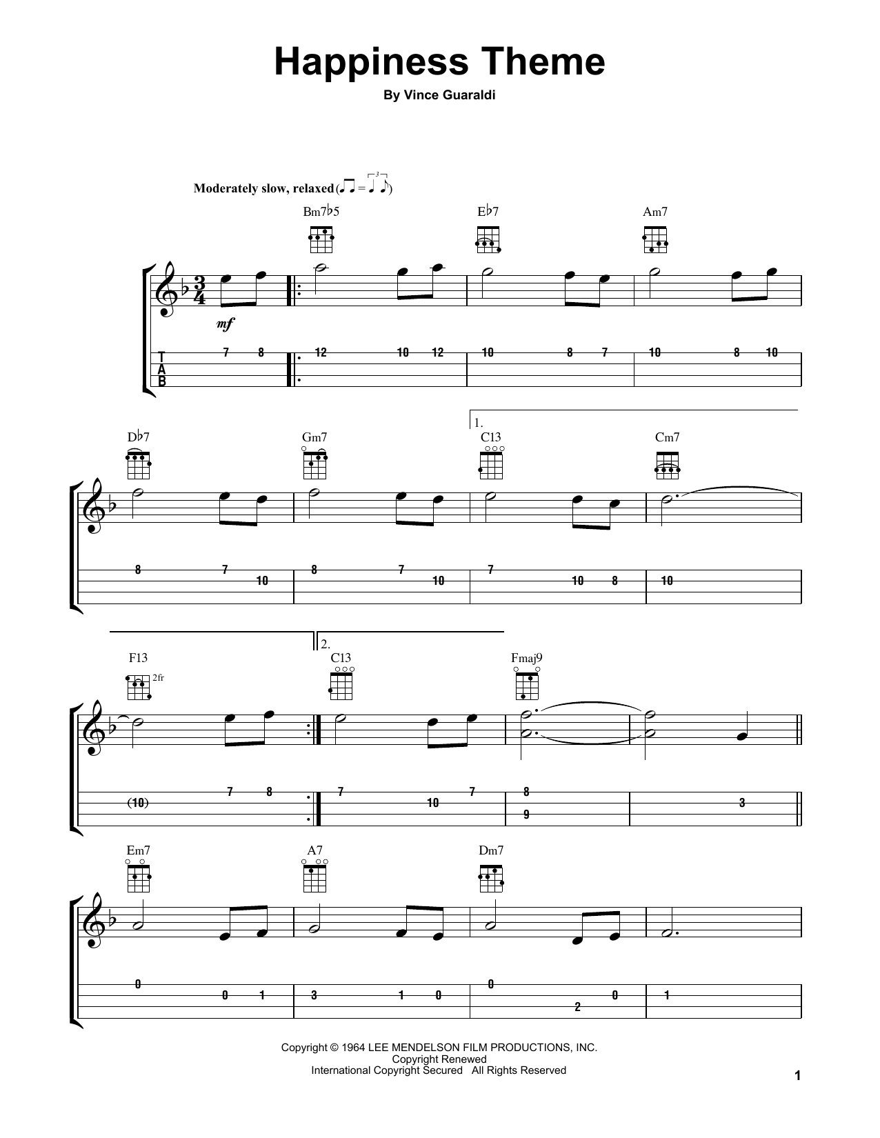 Learn to play Vince Guaraldi Happiness Theme sheet music for Ukulele in minutes. Price: 5.9900$ Vince Guaraldi Happiness Theme sheet music notes and chords arranged for Ukulele