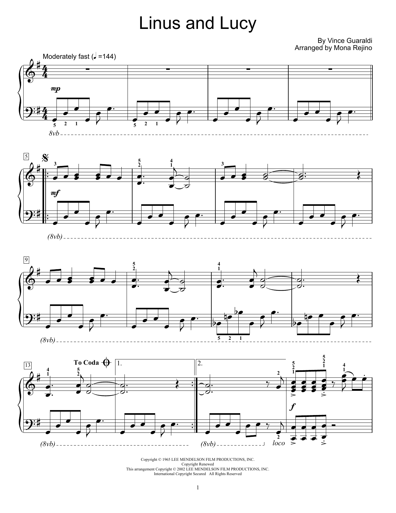 Vince Guaraldi Linus And Lucy (arr. Mona Rejino) sheet music notes and chords. Download Printable PDF.