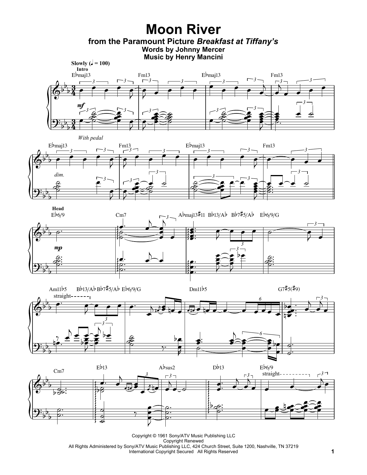 Vince Guaraldi Moon River sheet music notes and chords. Download Printable PDF.