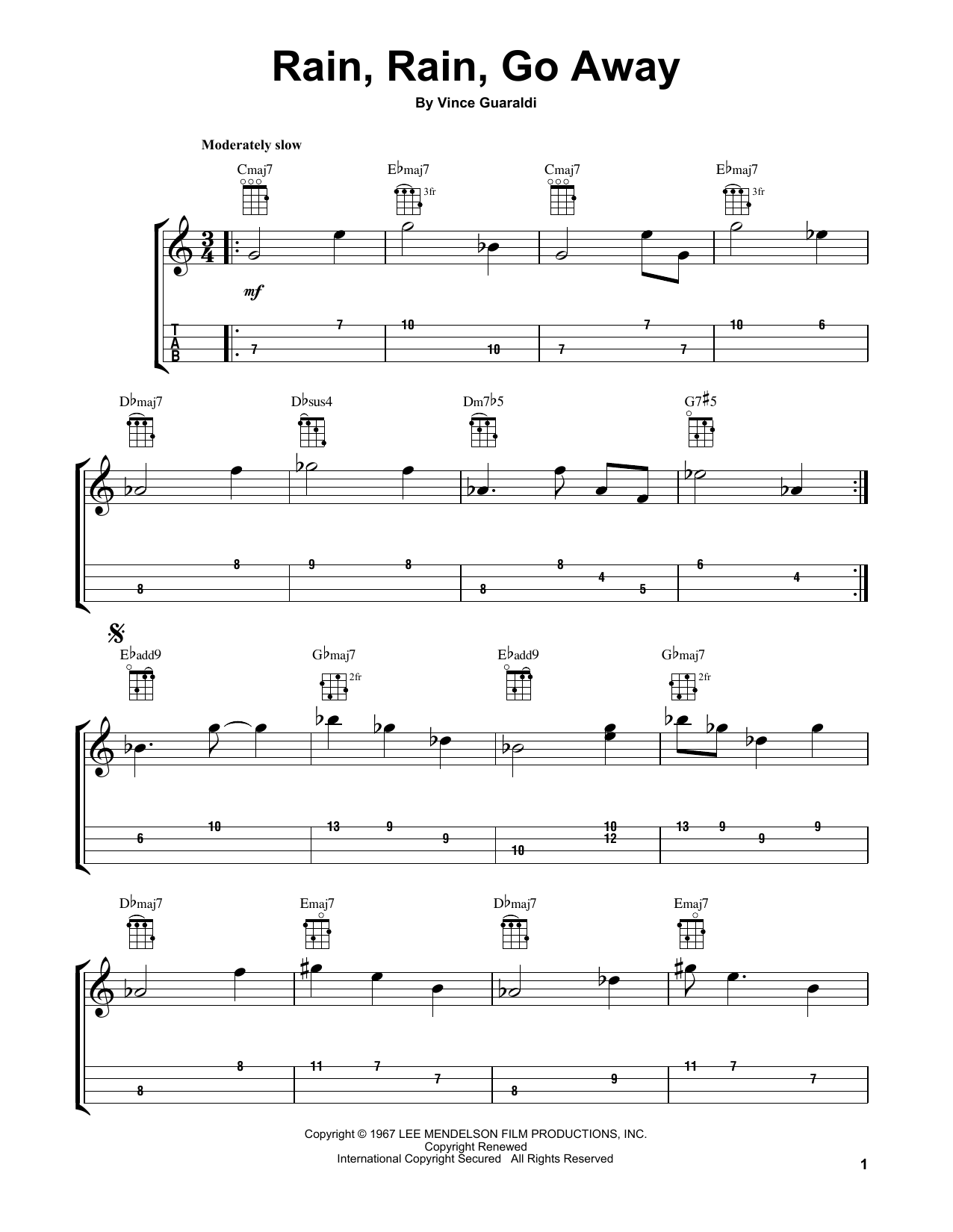Learn to play Vince Guaraldi Rain, Rain, Go Away sheet music for Ukulele in minutes. Price: 5.9900$ Vince Guaraldi Rain, Rain, Go Away sheet music notes and chords arranged for Ukulele