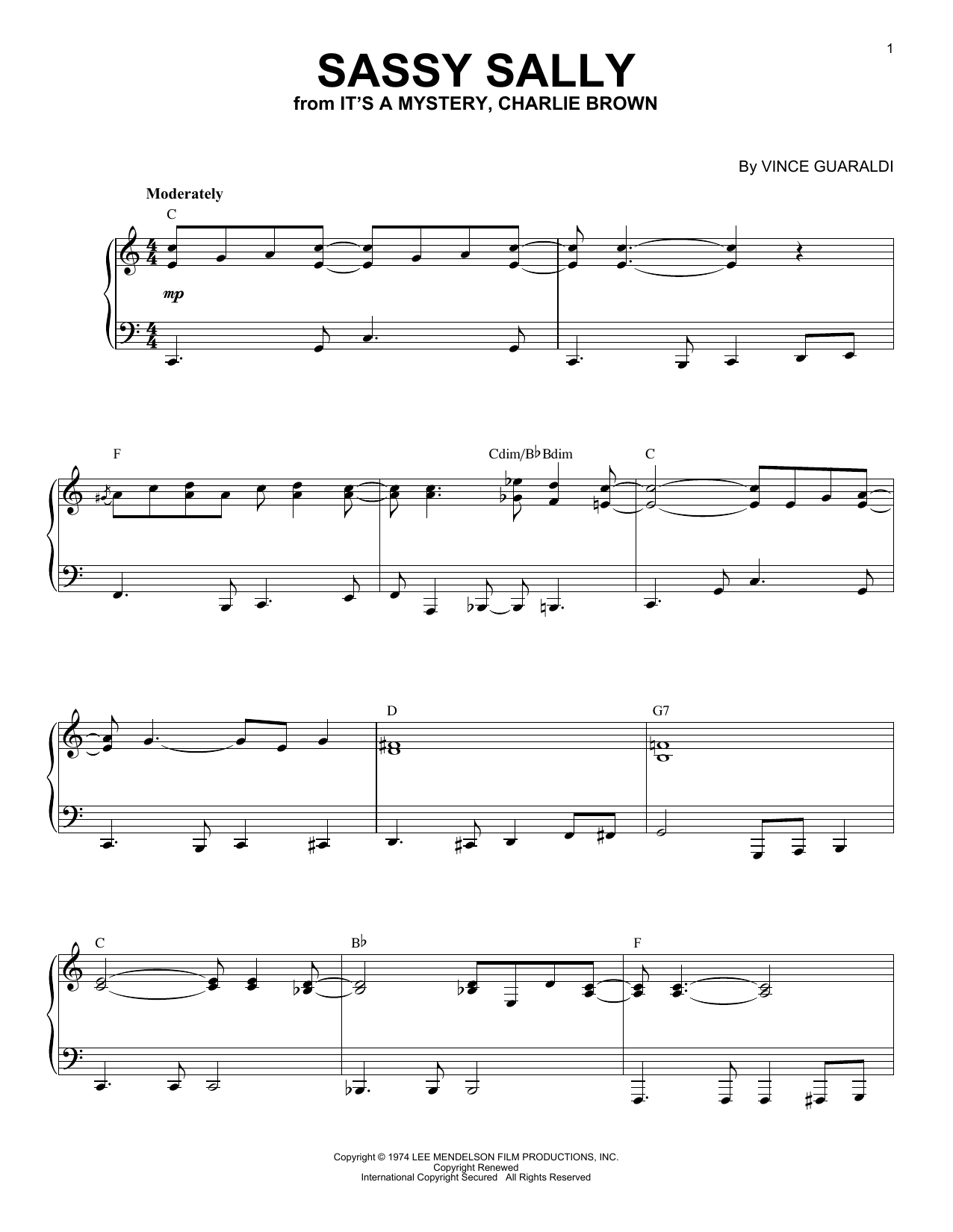 Learn to play Vince Guaraldi Sassy Sally sheet music for Piano Solo in minutes. Price: 7.8900$ Vince Guaraldi Sassy Sally sheet music notes and chords arranged for Piano Solo